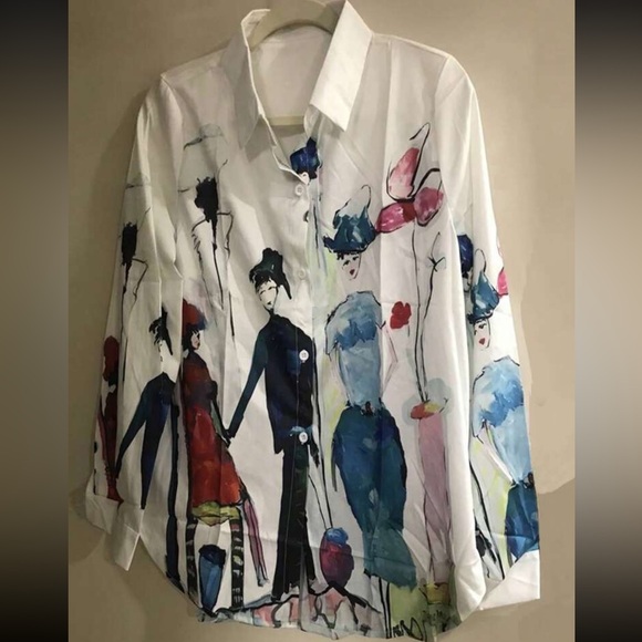 Boho Pop Art Fashion Button Down Up Shirt Top Blouse White - Picture 3 of 7